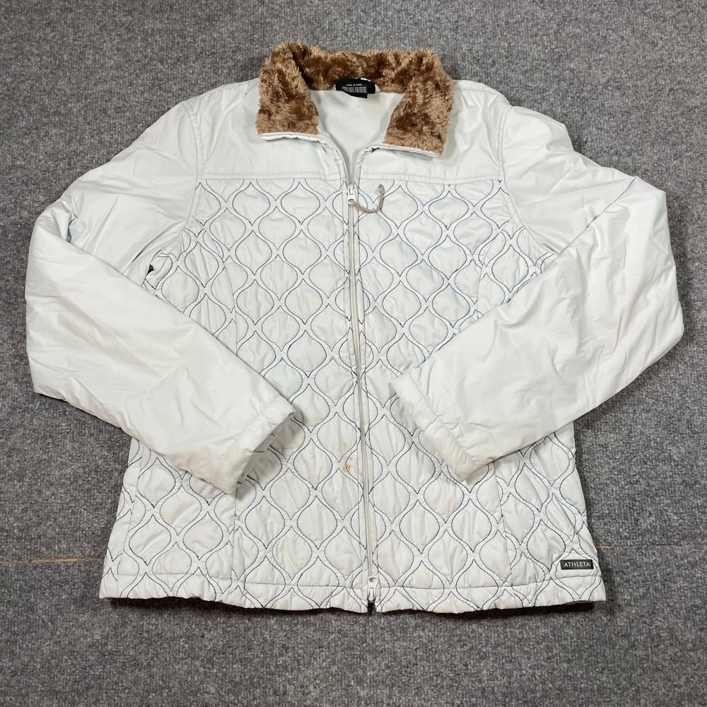 Athleta Quilted Jacket Womens Large Ice Blue Fur Collar Full Zip Fleece Lined
